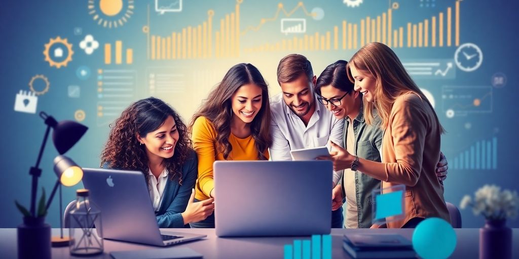 Teamarbeit im digitalen Marketing mit Laptop und Datenanalyse.