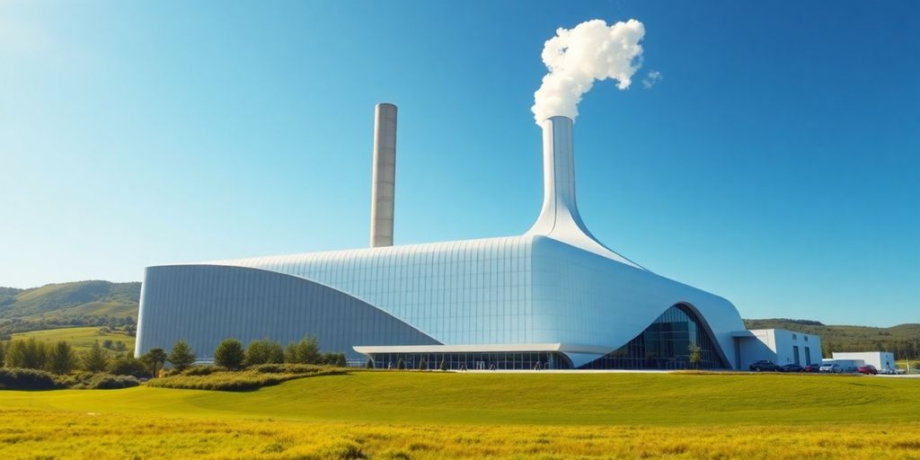 Futuristic waste incinerator with smoke against blue sky.