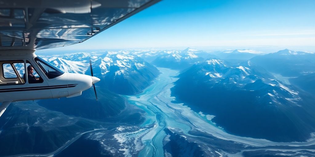 A small plane flying over vast Alaskan mountains and glaciers.