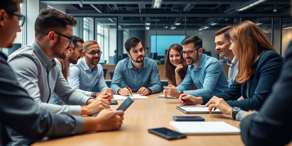 Professionals collaborating on blockchain solutions in an office.