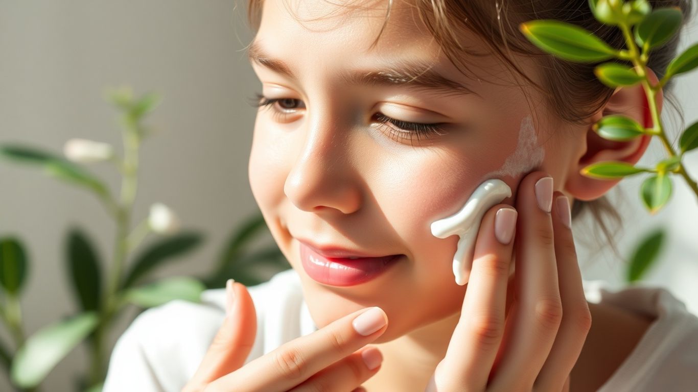 Woman gently applying moisturizer while surrounded by green plants.