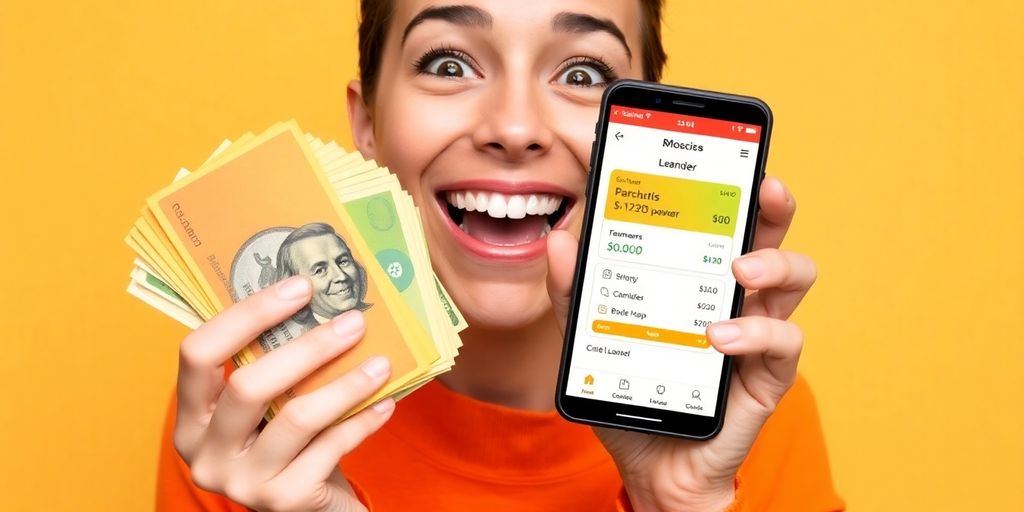 Person smiling, holding cash, online lender app on phone