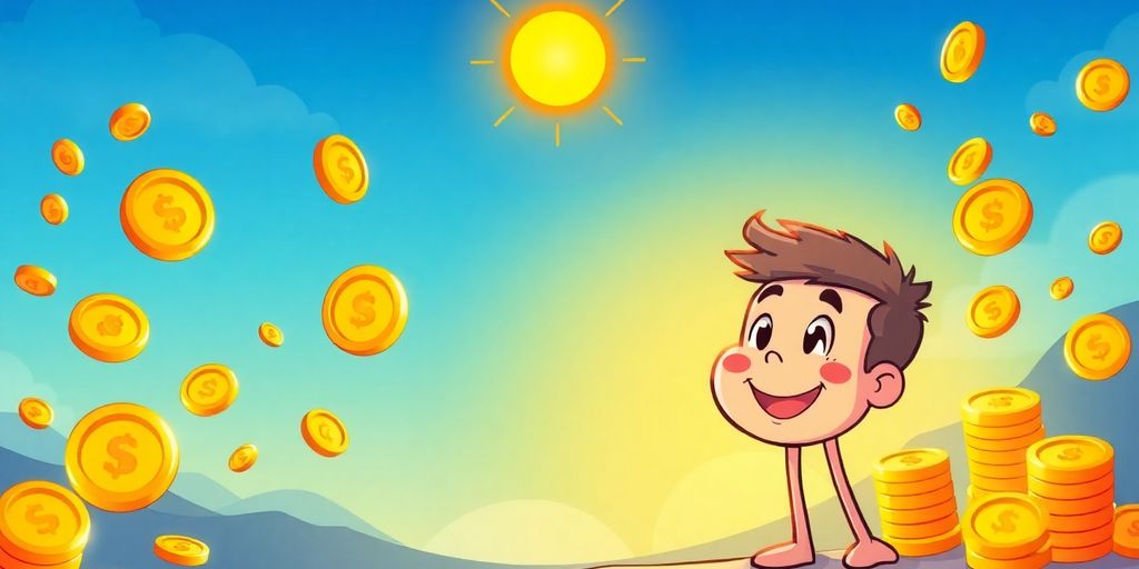 Cartoon person happily holding a large coin.