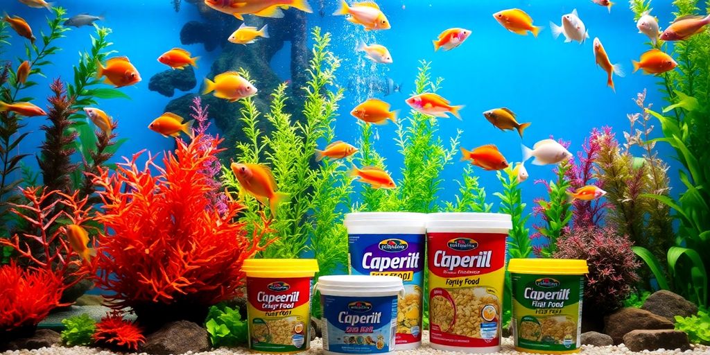 Makulay na aquarium na may mga isda at mga lalagyan ng pagkain ng isda.
