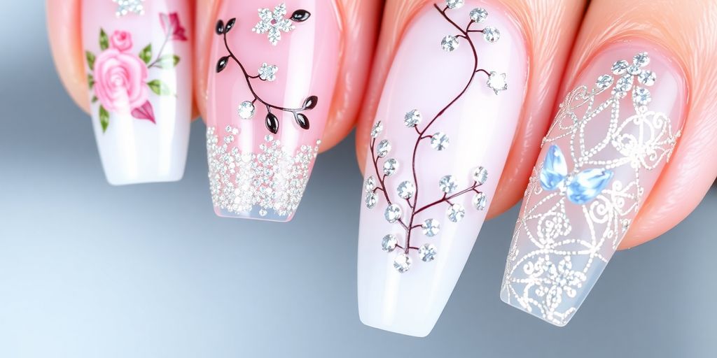 Unhas de gel decoradas com glitter brilhante e designs.