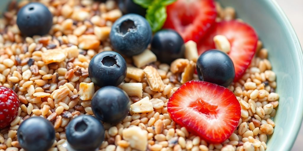 Vibrant bowl of mixed whole grains with fresh berries and nuts.