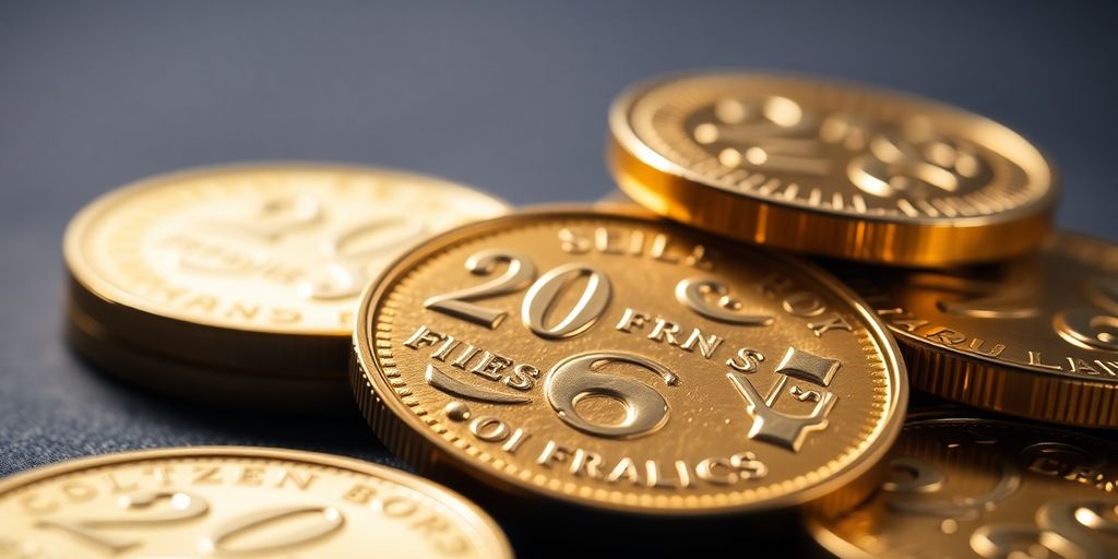 Pièces d'or suisses de 20 francs scintillant sous la lumière.