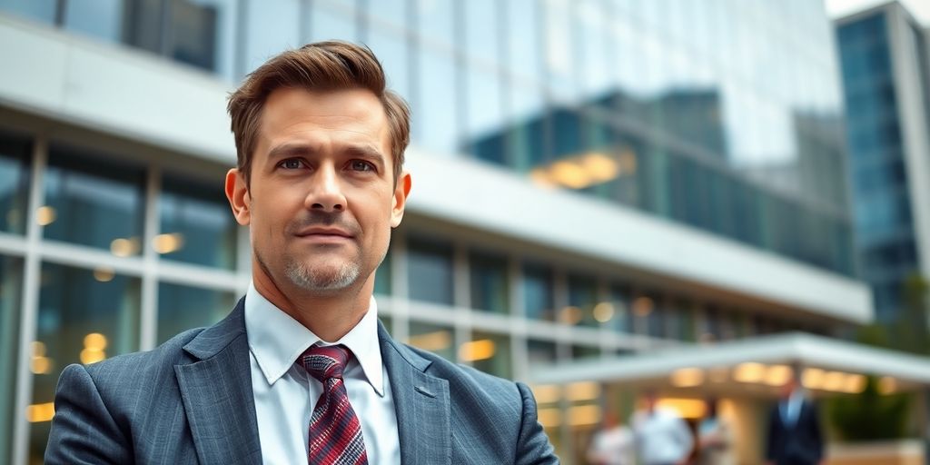 Businessperson in formal attire in front of an office building.