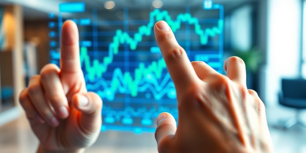 Hands interacting with a futuristic stock trading interface.