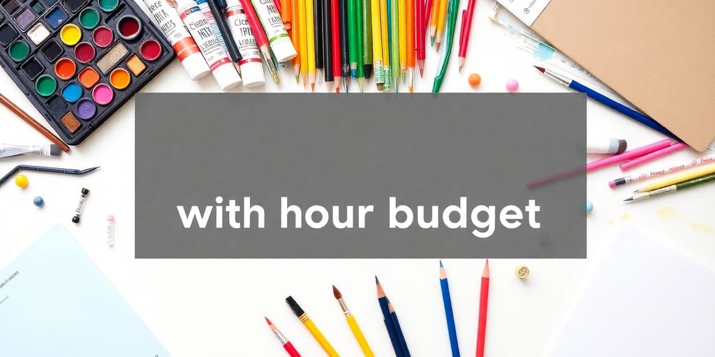 Colorful art supplies arranged neatly.