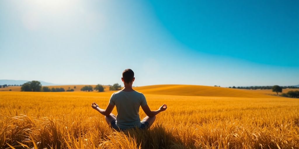 A person meditating in a golden field under blue sky.
