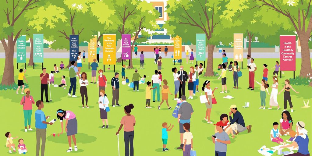 Community members engaging in health education and activities outdoors.