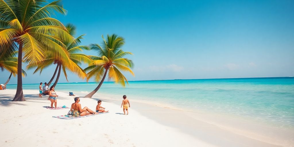 Family relaxing on a beach in Tulum, Mexico