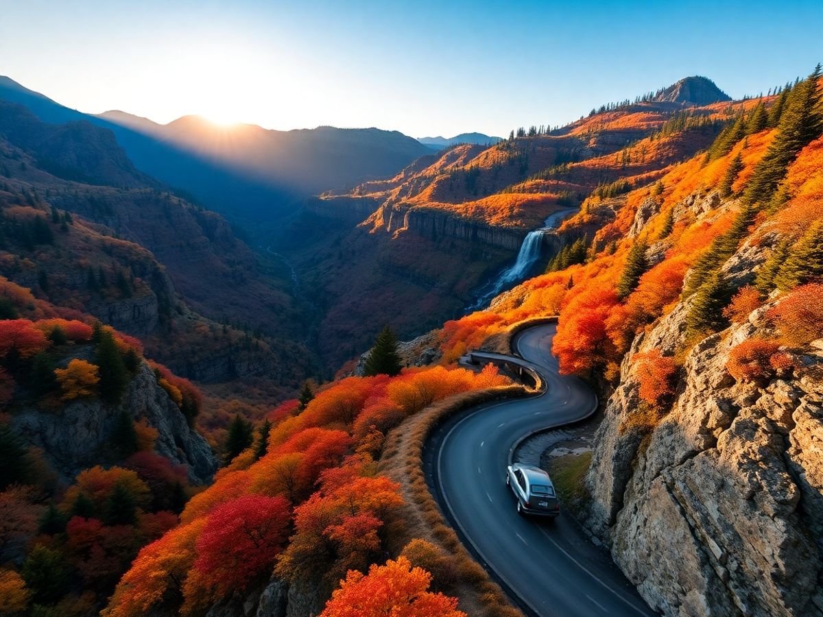 Șosea montană șerpuitoare pe Transfăgărășan, mașină vintage roșie în mișcare