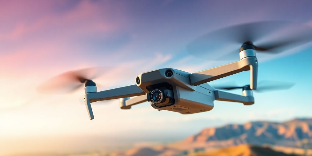 Drone flying with camera over beautiful landscape.