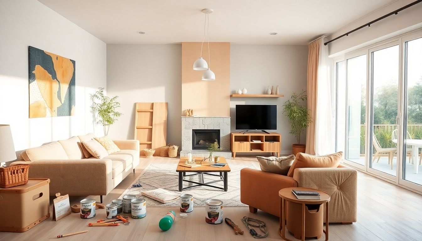 Modern living room with tools and paint cans.