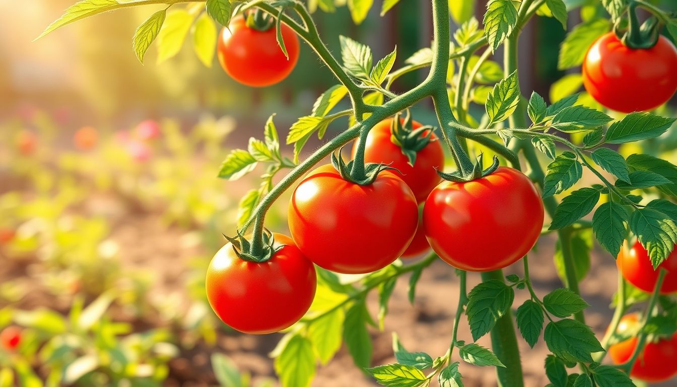 Thriving tomato plant with ripe tomatoes in garden