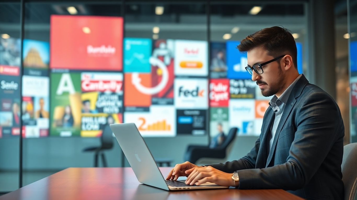 Marketér pracuje na počítači v moderní kanceláři