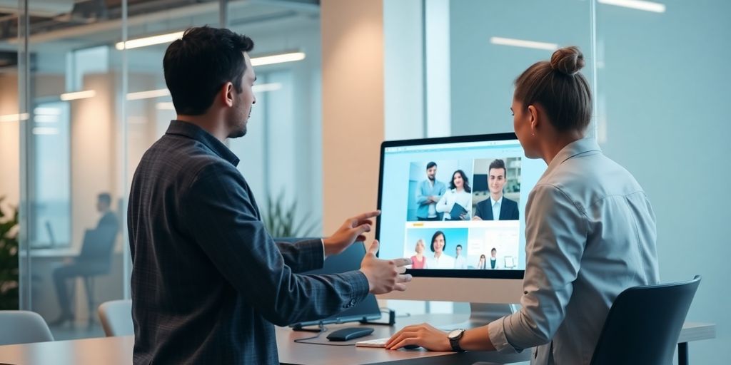 Moderne kantoor met computer en klantenservice interactie.