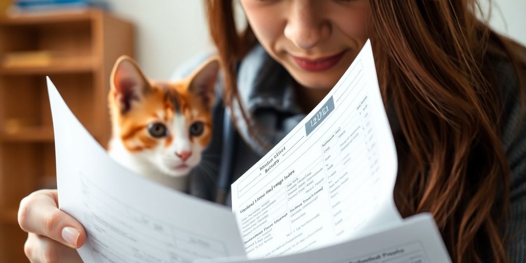 Pet owner with veterinary bills and worried expression.