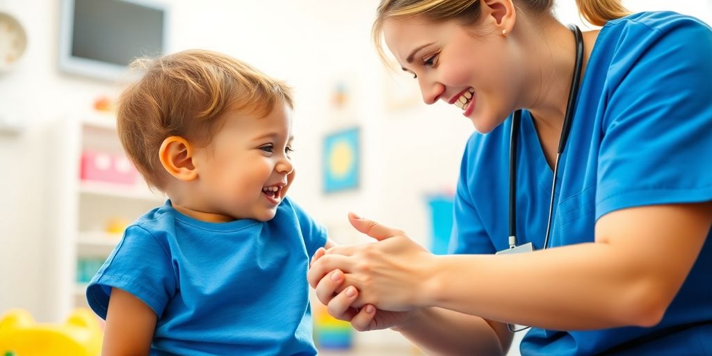 Pediatric medical assistant with child.