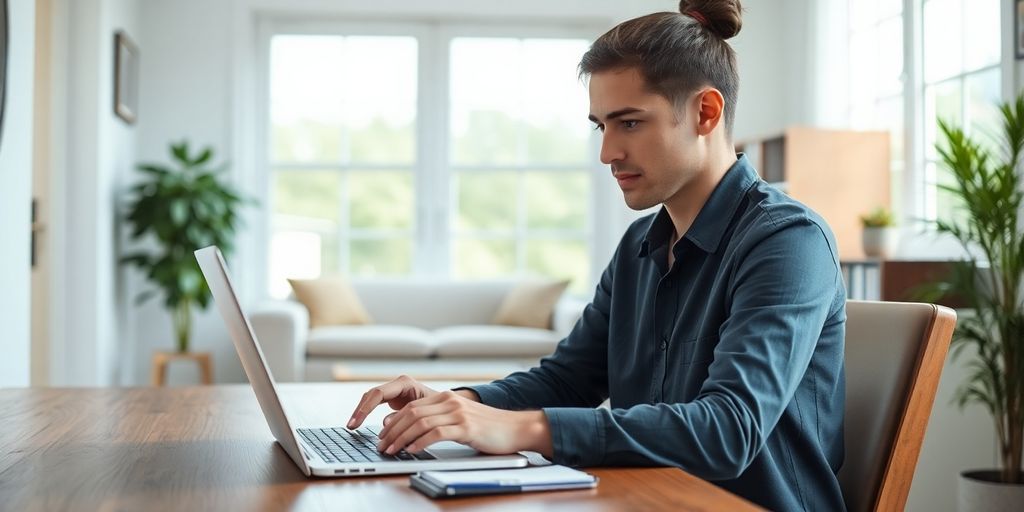 Person working remotely on laptop at home.