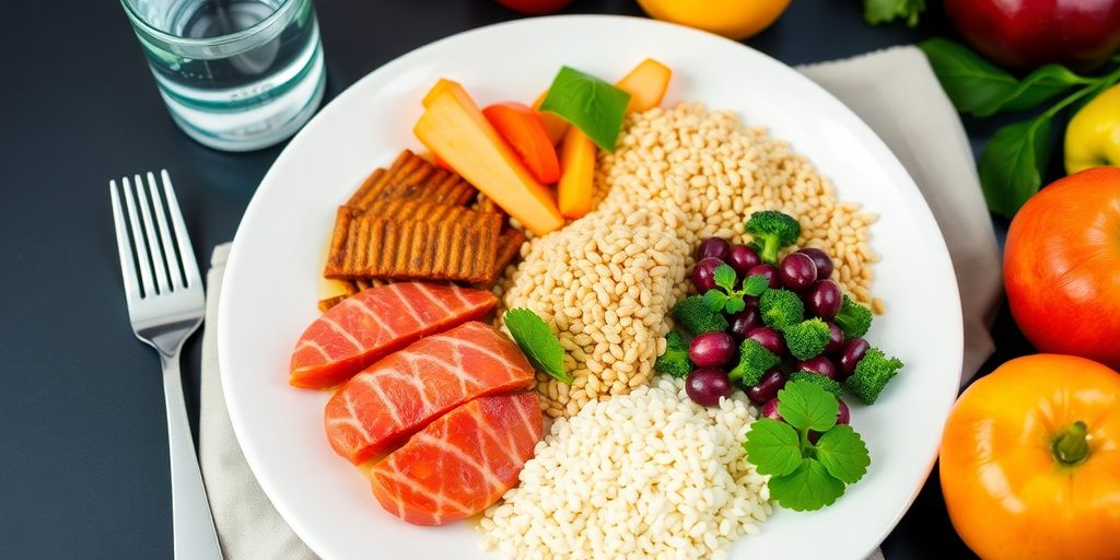 Healthy meal with proteins, grains, and colorful vegetables.