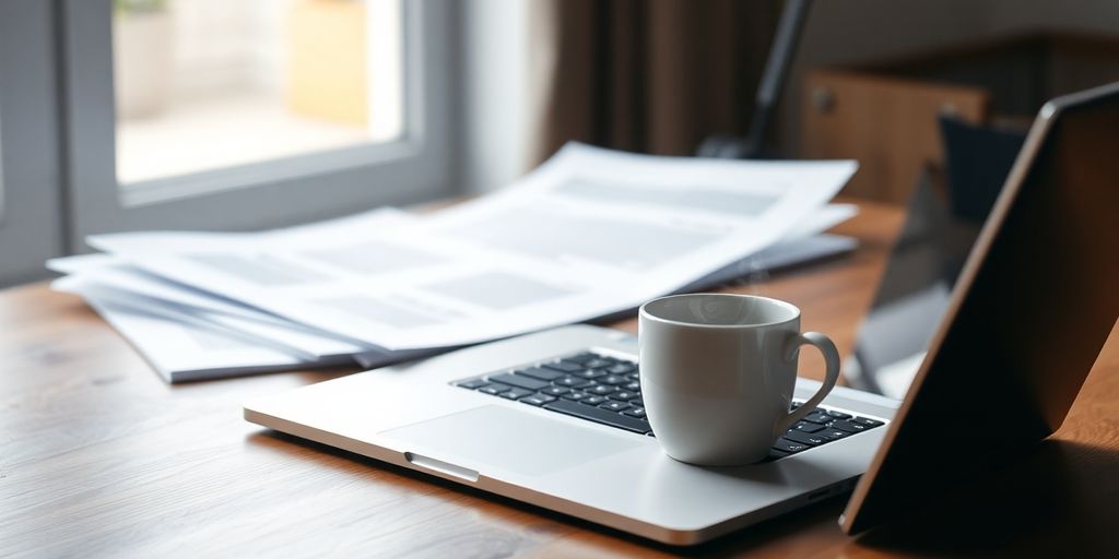 Laptop, coffee, and neatly arranged professional documents.