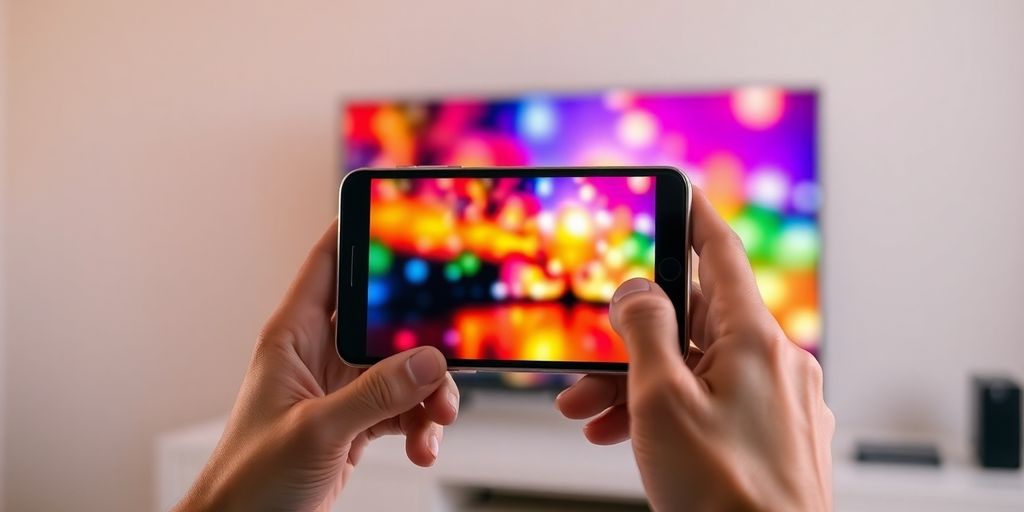 Mãos segurando celular refletindo TV.