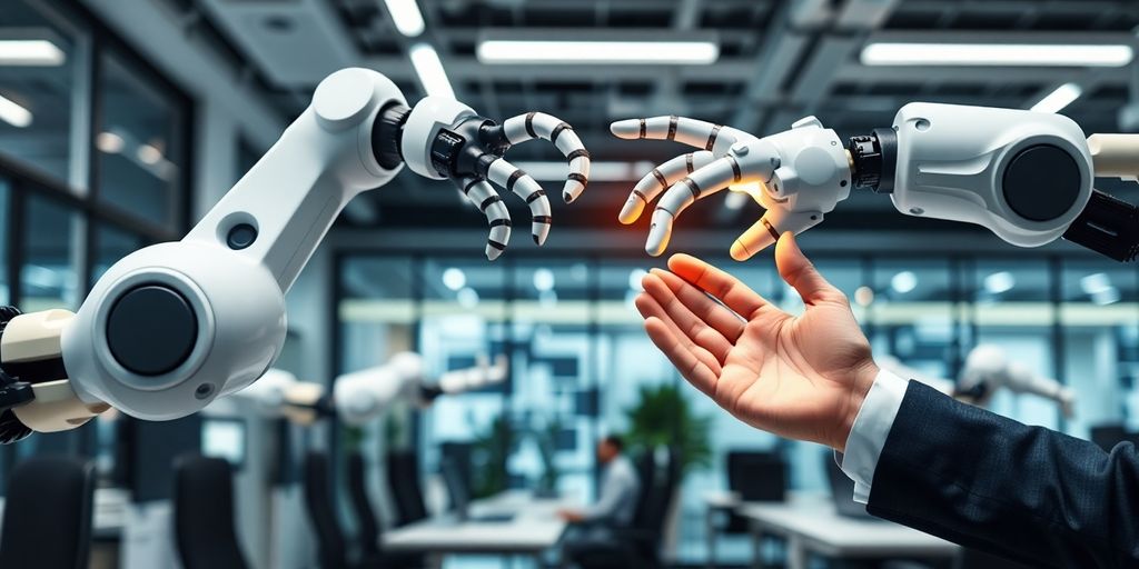 Robots y humanos colaborando en un entorno de oficina moderno.
