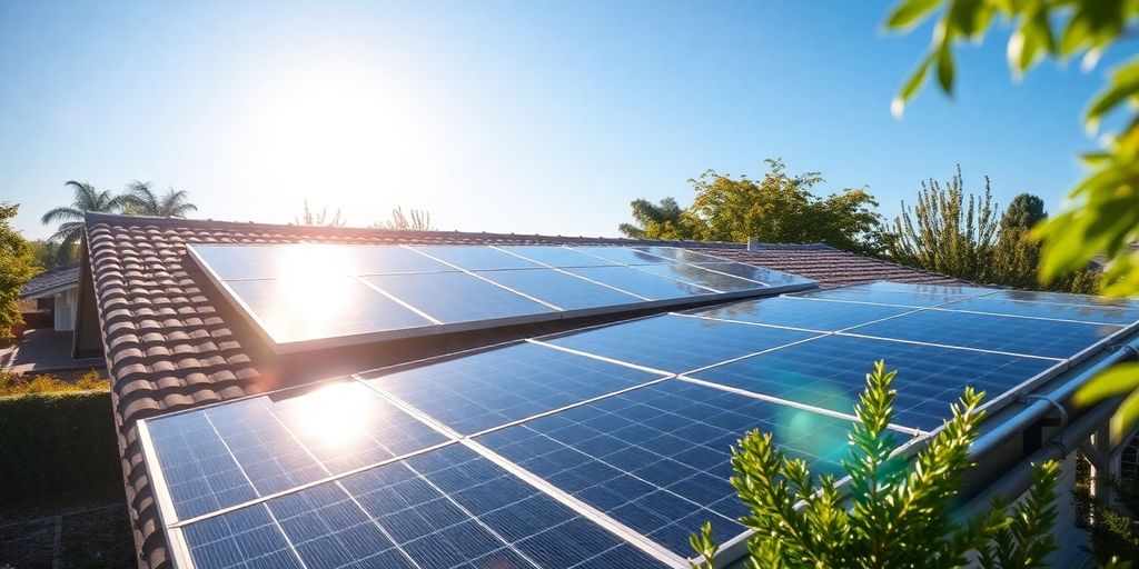 Rooftop solar panels on a sunny day.