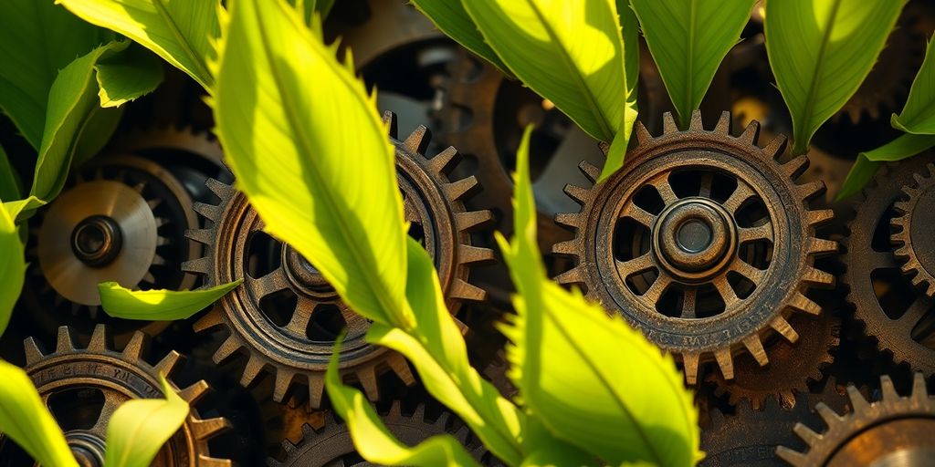 Abstract clock gears merge with growing money plant leaves.