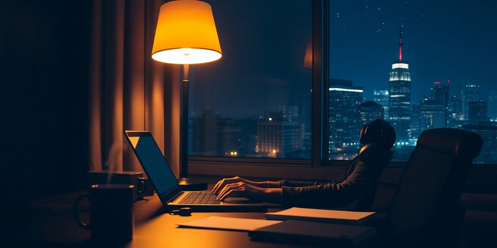 Nighttime office worker typing laptop under lamp with city skyline