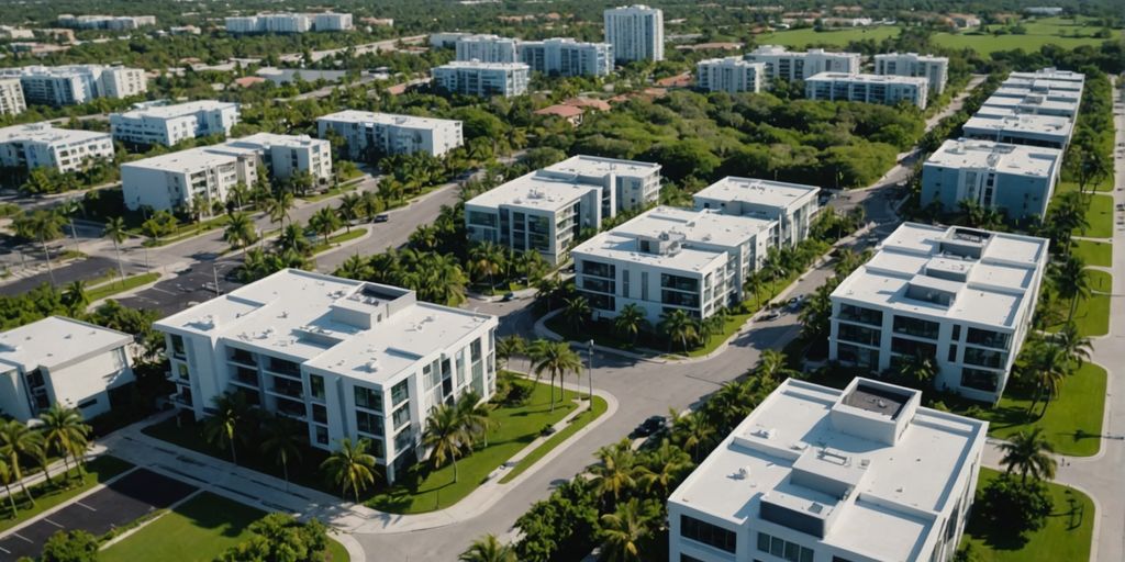 Aerial view of Doral with buildings and green spaces.