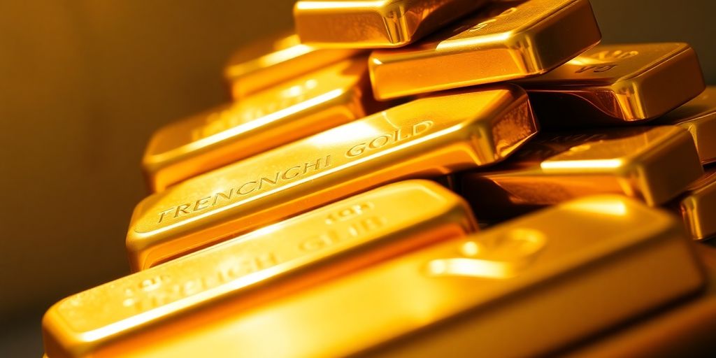 Lingots d'or français empilés et brillants.