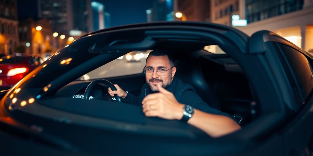 Man in luxury car, city lights glowing background.