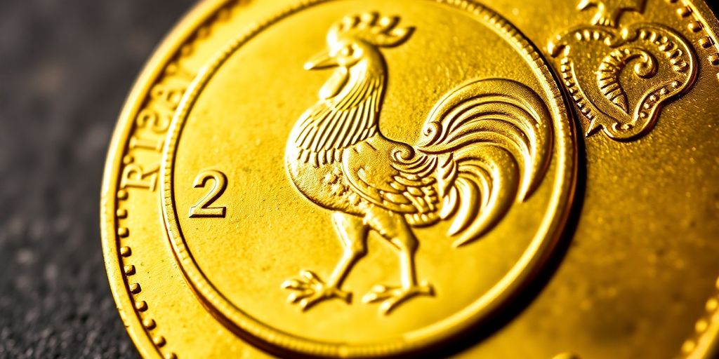 Gros plan d'une pièce d'or française 20 francs coq.