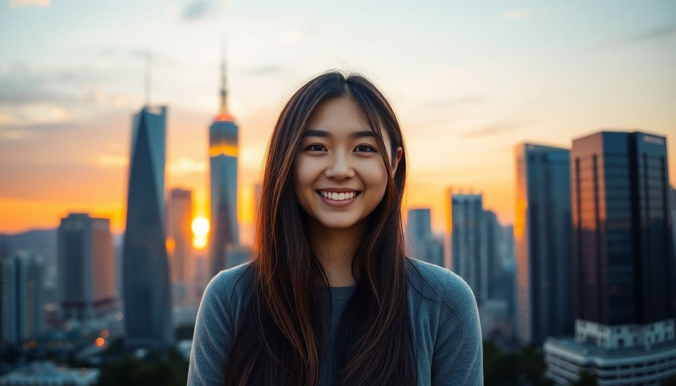 Lucy Guo smiling with city skyline in the background.
