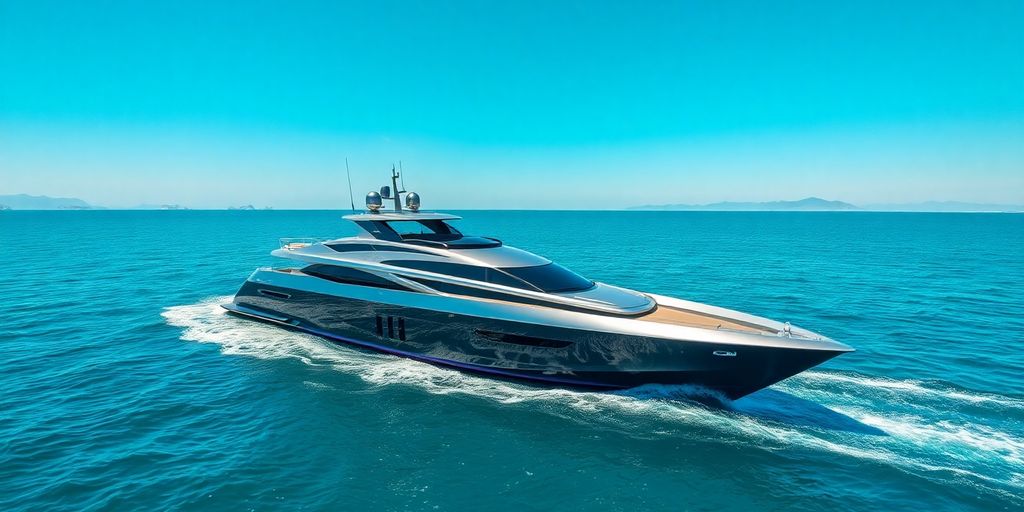 Sleek luxury yacht glides on blue ocean waves.