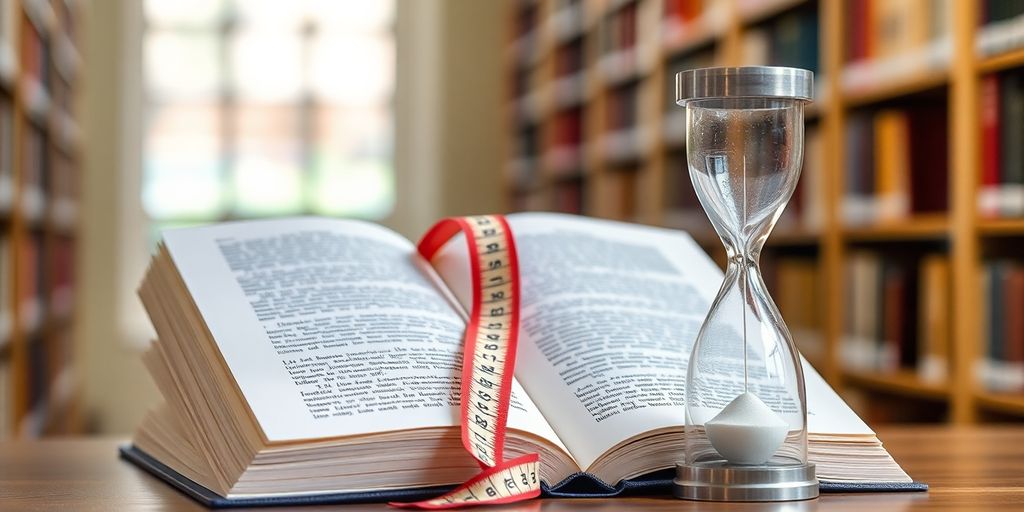 Open book, measuring tape, small hourglass