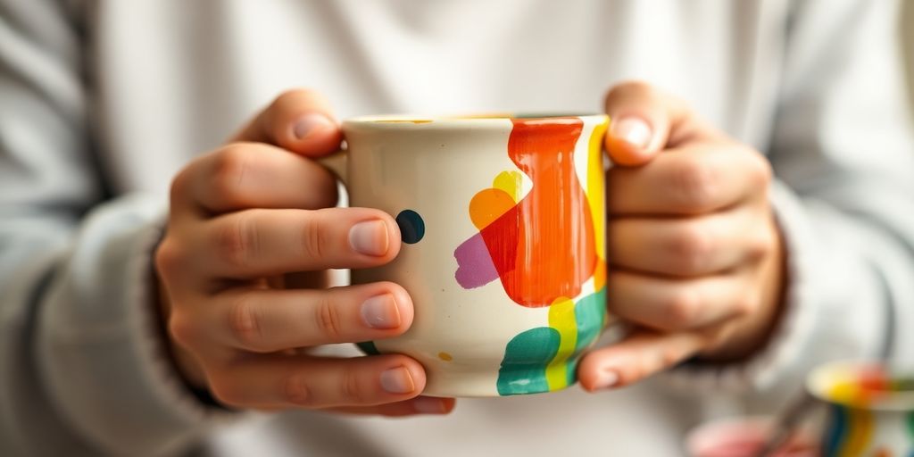 Hands painting a colorful ceramic mug