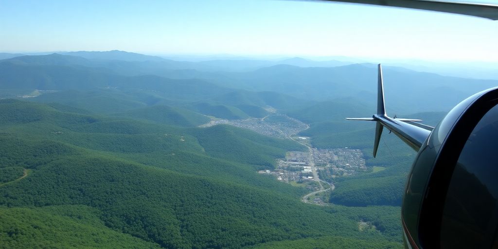 A helicopter flying over the Blue Ridge Mountains in Asheville.