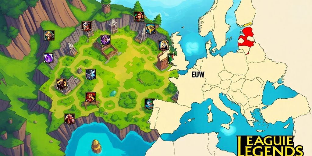 Summoner's Rift map, champion icons, and server map.