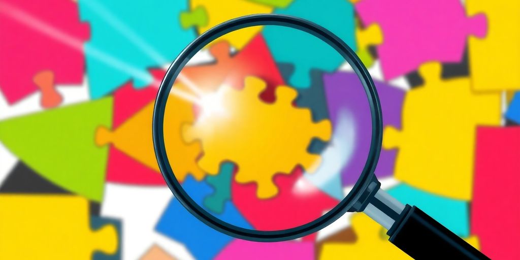 Magnifying glass over colorful interconnected shapes.