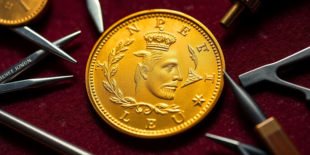 Monnaie Napoléon en or sur un tissu en velours.
