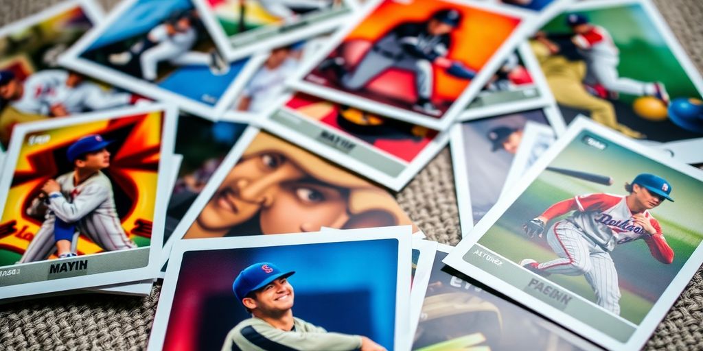 Colorful baseball cards on a textured surface.