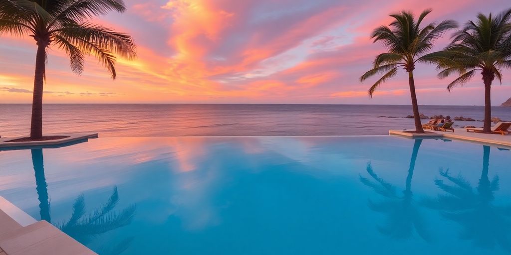 Infinity pool overlooking Cabo beach at sunset.