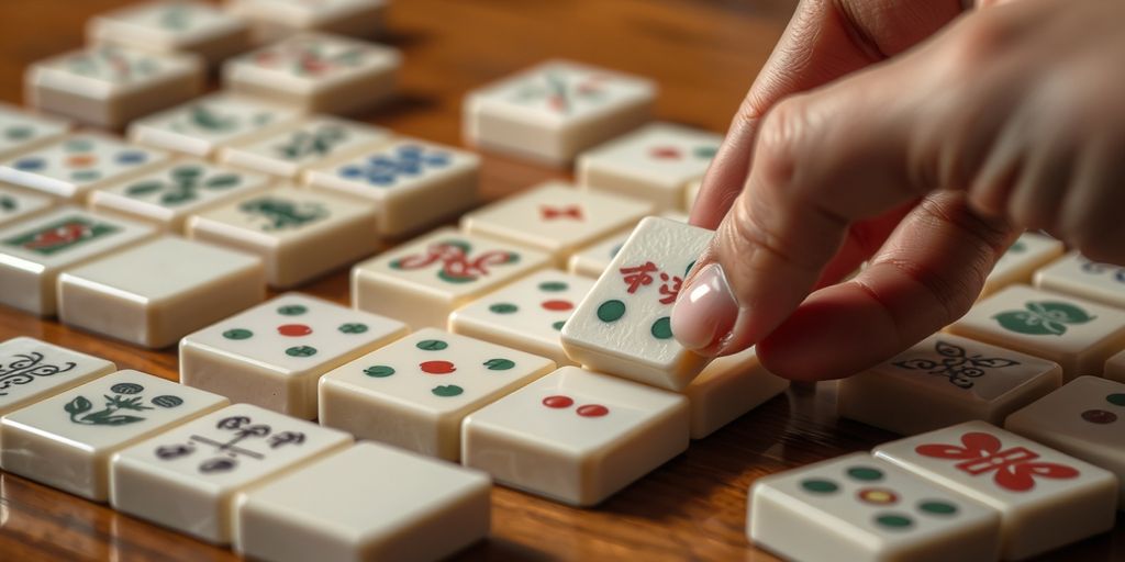 Hand drawing a mahjong tile from a set.