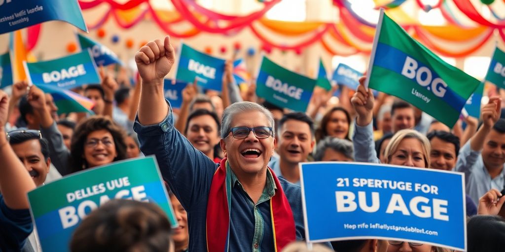 Foule célébrant une victoire politique à Maurice.