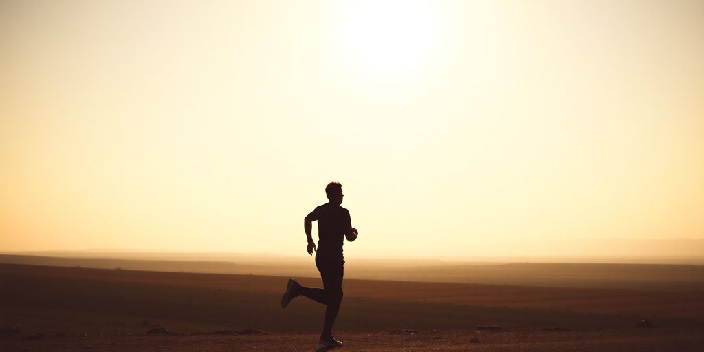 Person confidently strides towards a bright horizon.